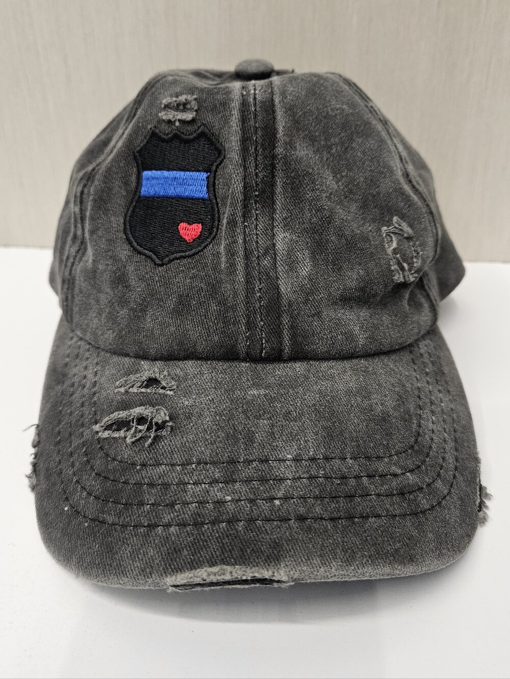 C.C Thin Blue Line Heart Womens Black Distressed Baseball Hat